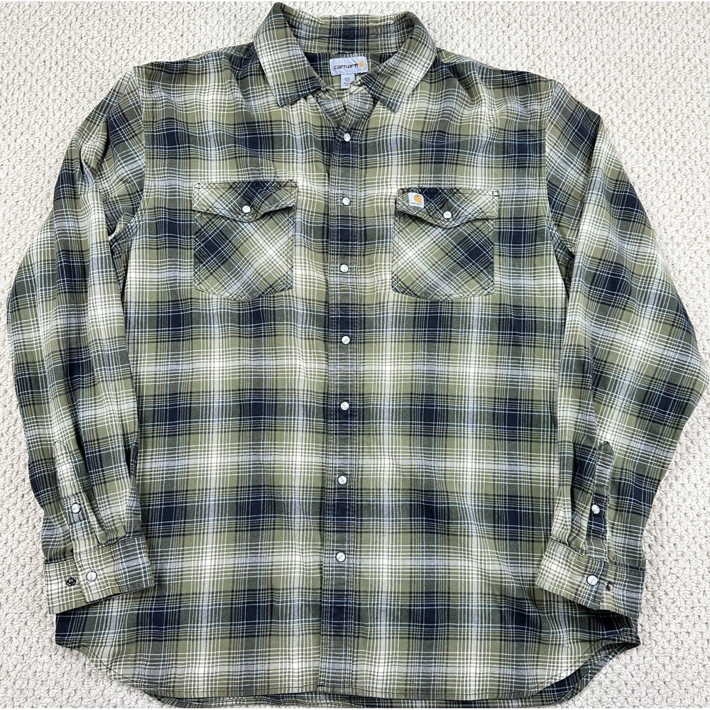 Carhartt Flannel Shirt Mens 2XLT Green Plaid Pearl Snap Relaxed Fit Long Sleeve
